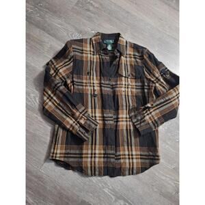 Vtg Polo Ralph Lauren Shirt Sz M Womans Black Brown Plaid 100% Linen Button Down